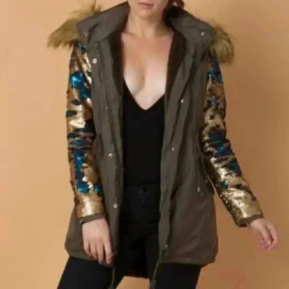 PARKA WITH SEQUIN SLEEVES - Picture 1 of 4